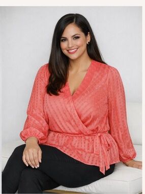 INC Coral Chiffon Wrap Peplum Top Office Office Church Wedding Guest Blouse